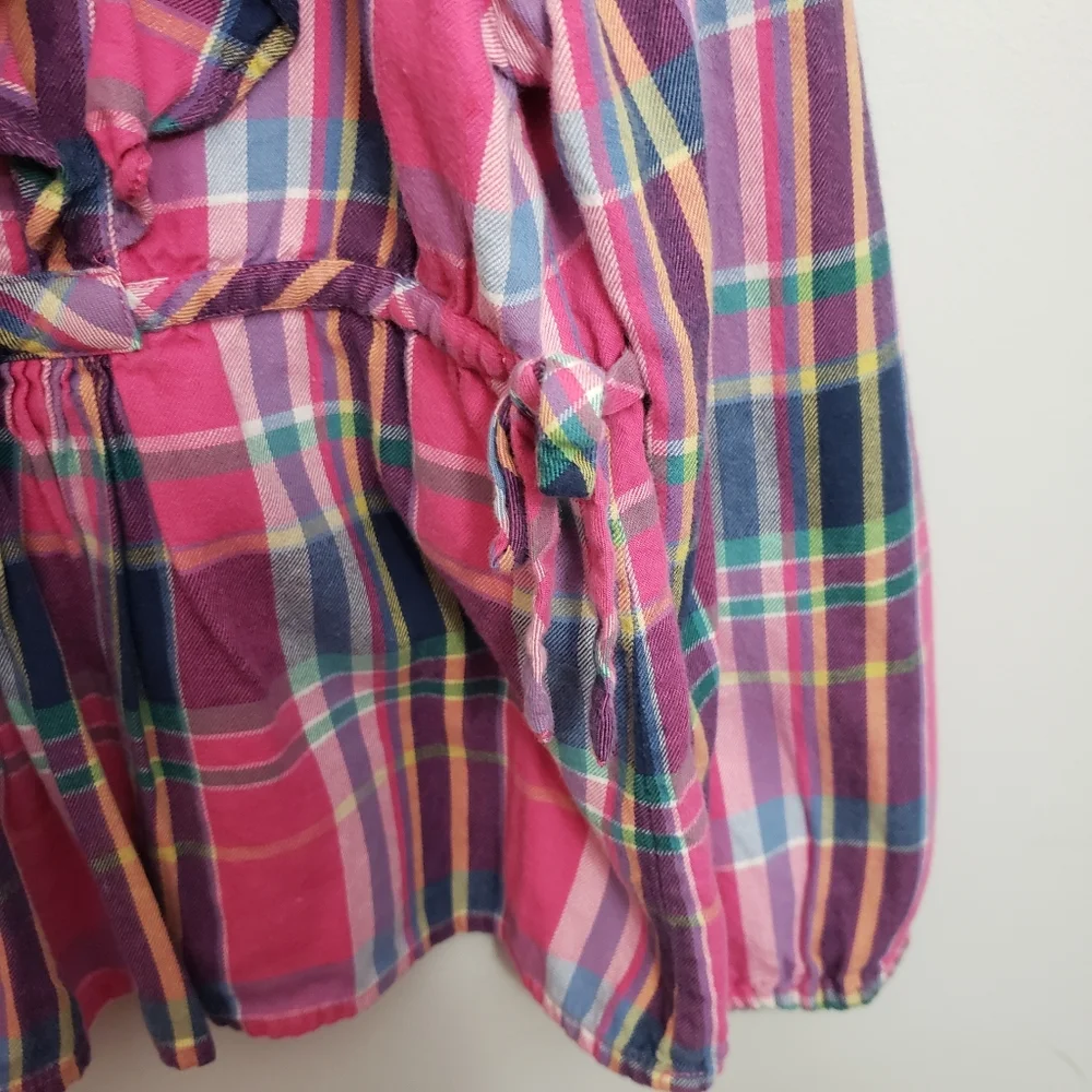 Ralph Lauren Size 5 Girls Pink Plaid Ruffle Bow Half Placket Button Top